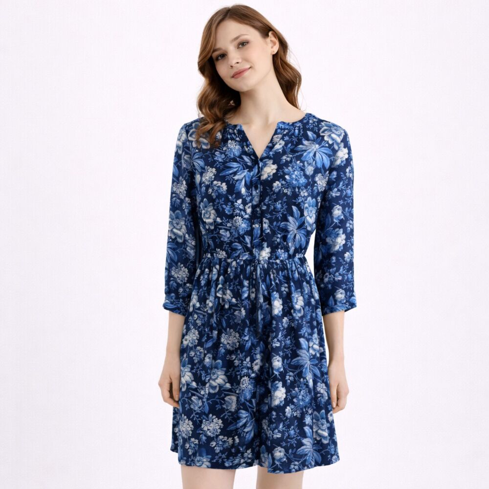 Talbots Floral Tie Waist Dress Blue 4